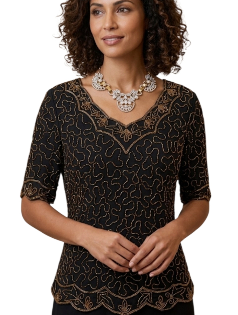 Short Sleeved Top with shiny golden Beaded accents